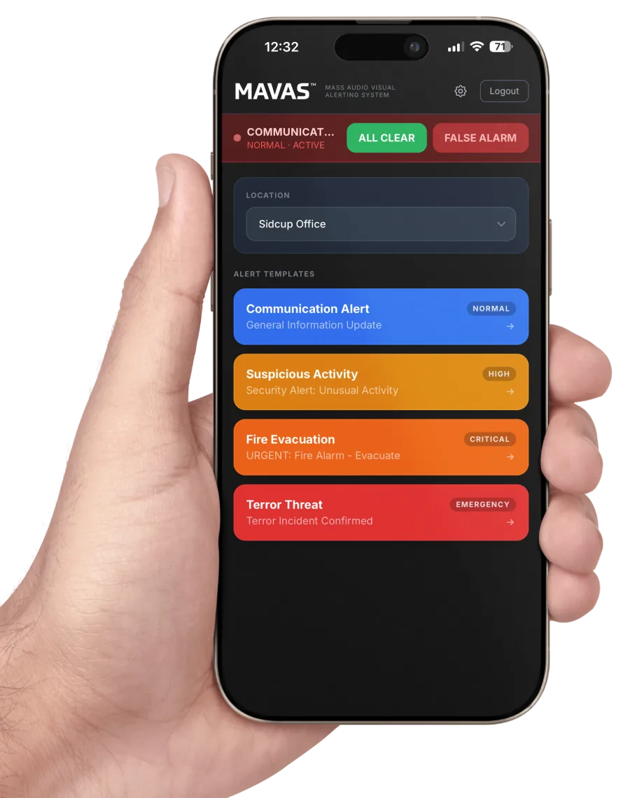 The MAVAS mobile app, showing alert templates for a communication alert, suspicious activity, fire evacuation and terror threat, each tagged with its priority.