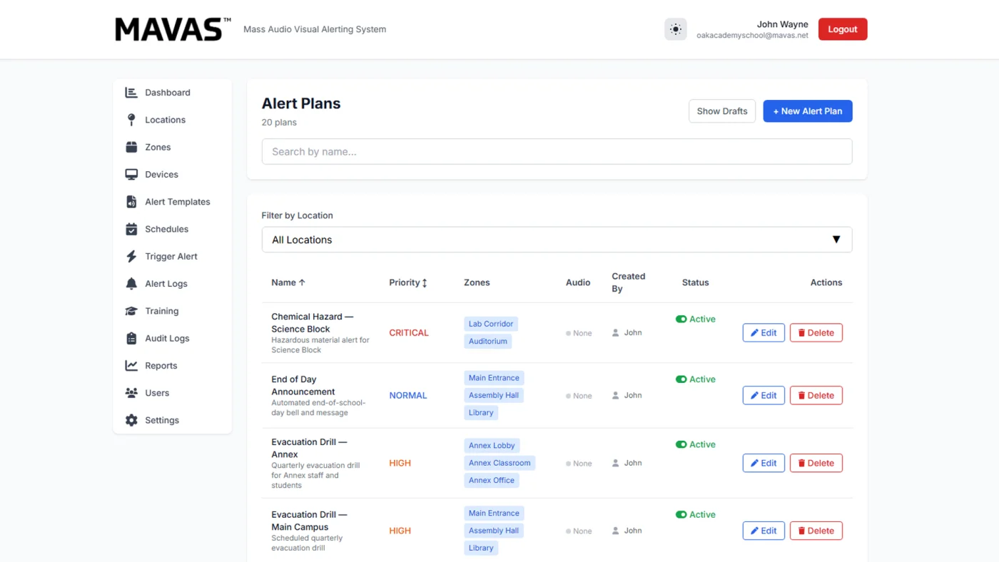 The MAVAS alert plans list, showing plans such as chemical hazard, evacuation drill and end of day announcement, each with a priority and the zones it covers.