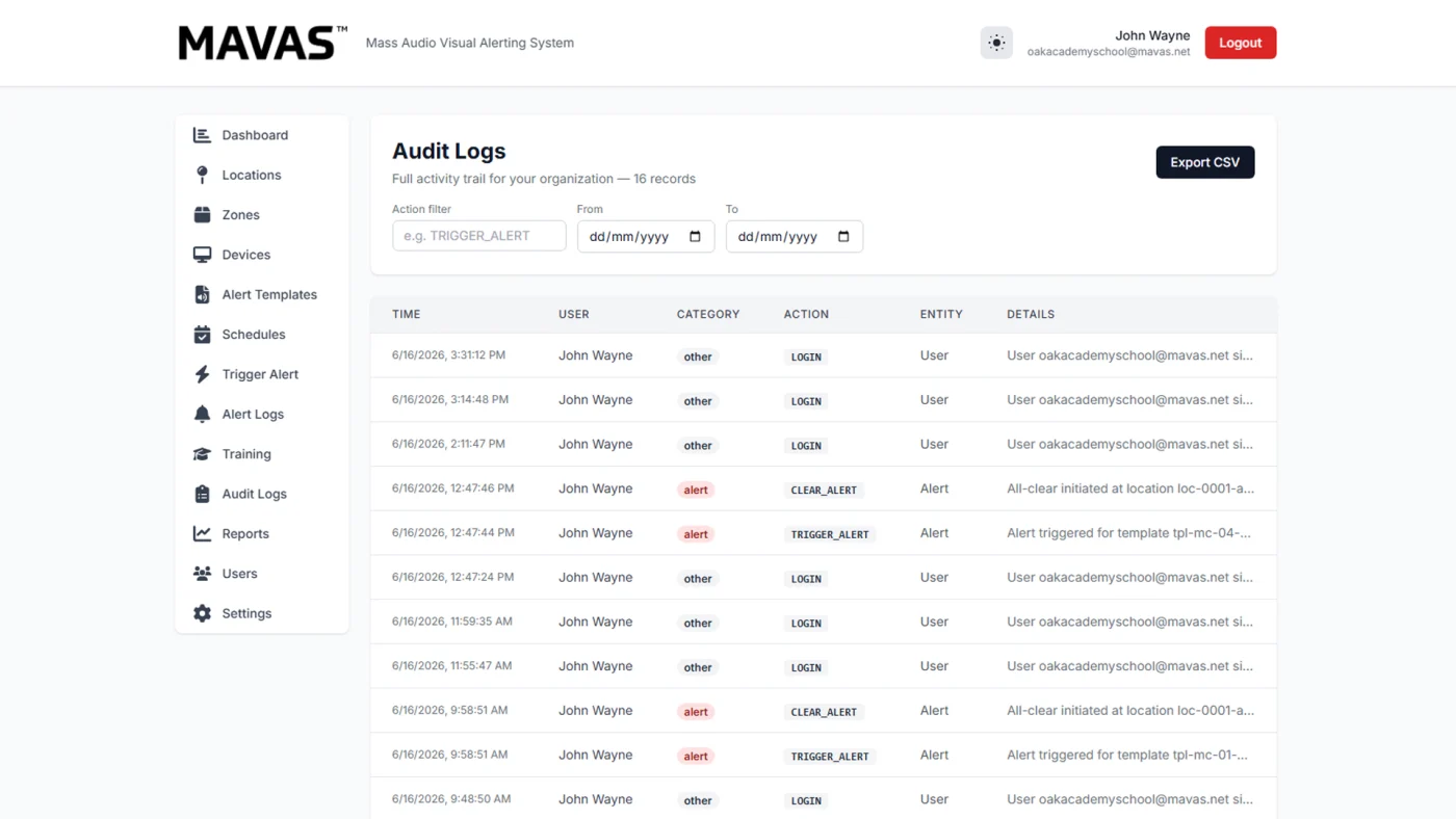 The MAVAS audit log, listing timestamped user actions such as trigger alert and clear alert, with an export to CSV button.