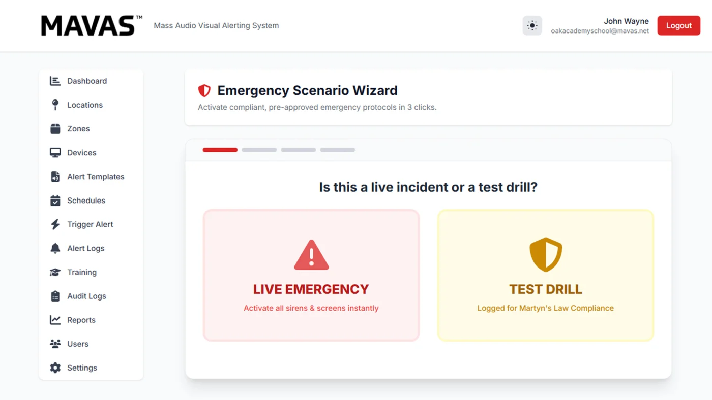 The MAVAS emergency scenario wizard asking whether this is a live incident or a test drill, with the test drill option labelled as logged for Martyn's Law compliance.
