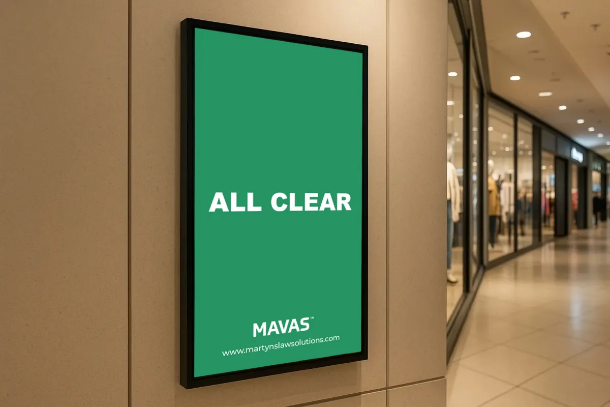 A wall-mounted display showing a green MAVAS all-clear message.