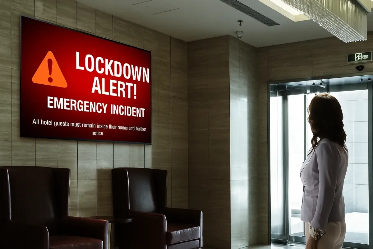 A hotel lobby display showing a lockdown alert instructing guests to remain in their rooms.