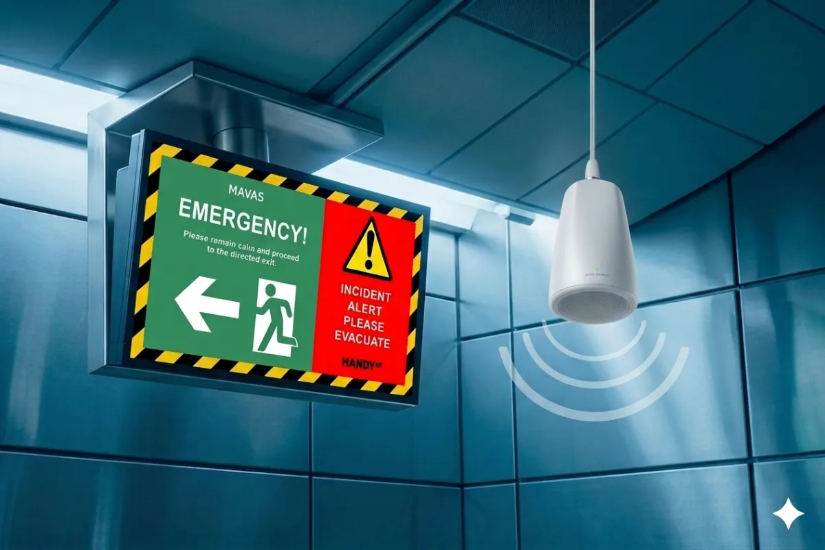 A ceiling-mounted screen showing a MAVAS evacuation message beside a pendant speaker broadcasting the matching voice announcement.